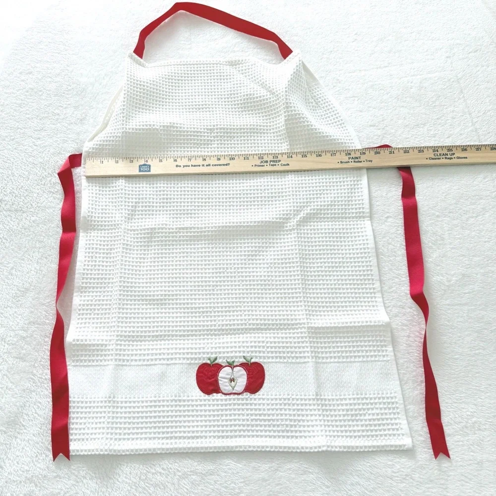 White Waffle Weave Bib‎ Apron Red Ties Embroidered Apple Fruit RN 75343 Turkey